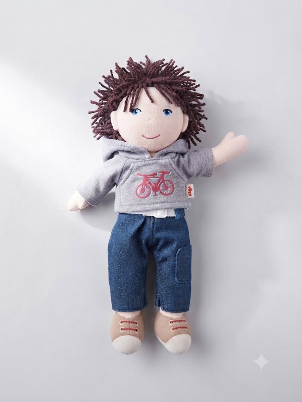 HABA Lian 12" Boy Rag Doll Gray Bicycle Hoodie Denim Pants Plush Toy